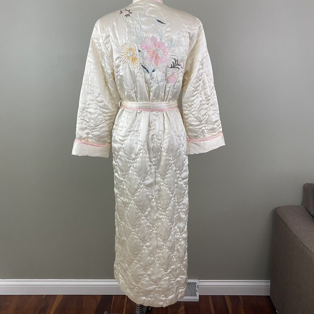 Vtg 70s Natori Womens Satin Embroidered Robe S Ivory Floral Saks 5th Ave - Picture 3 of 11